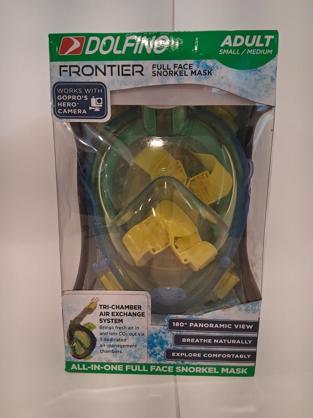 Dolfino Frontier Full Face Snorkel Mask Adult Small/Medium Yellow Works with...